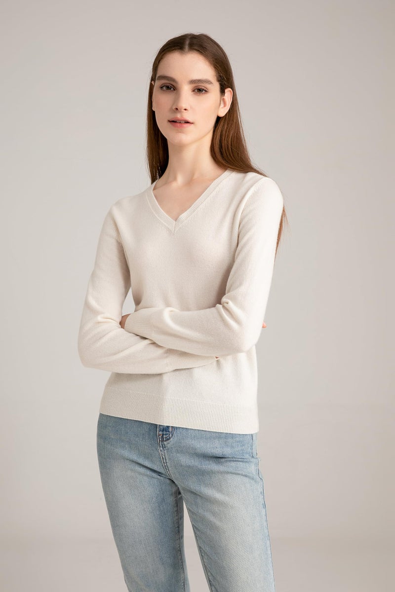 State Cashmere Womenâ€™s Essential V-Neck Sweater 100% Pure Cashmere Classic Long Sleeve Pullover (Undyed White, XX-Large) - Image 4